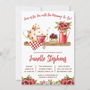 Red and White Floral, Sweet Tea Party Baby Shower Invitation