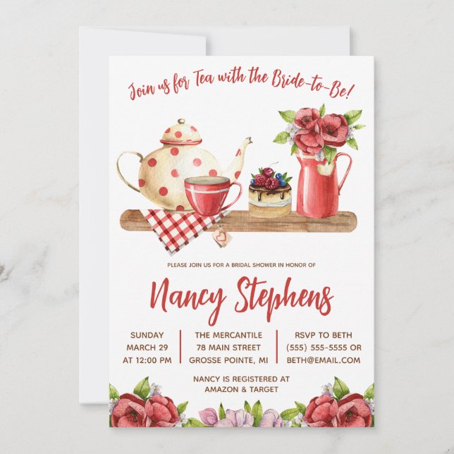 Red and White Floral,Sweet Tea Party Bridal Shower Invitation (Front)