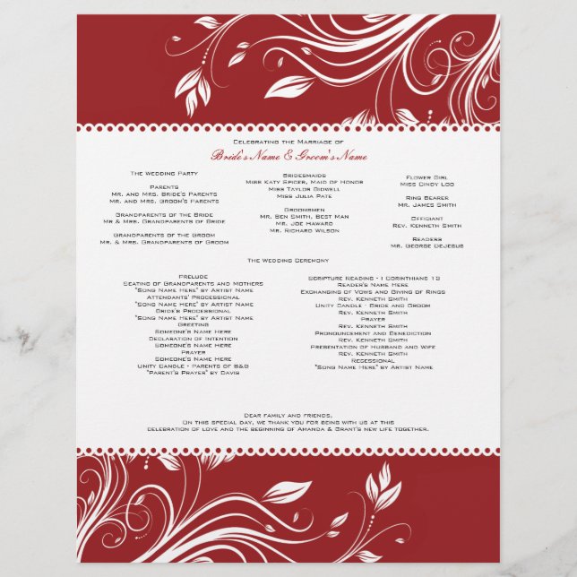 Red and White Floral Swirls Wedding Program (Front)