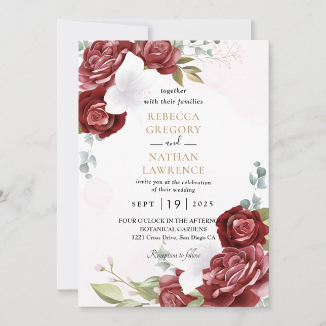 Red and white floral wedding invitation (Front)