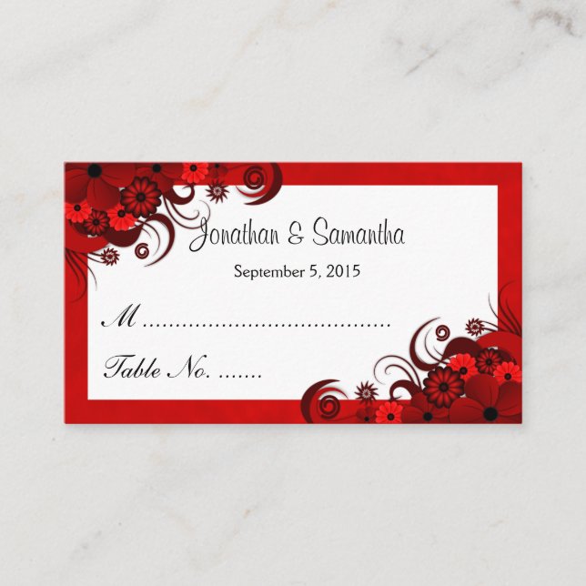 Red and White Floral Wedding Table Place Cards (Front)