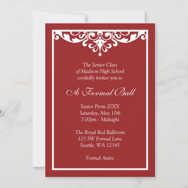 Red and White Flourish Formal Prom Dance Ball Invitation (Front)