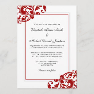 Red and White Flourish Swirls Wedding Invitation