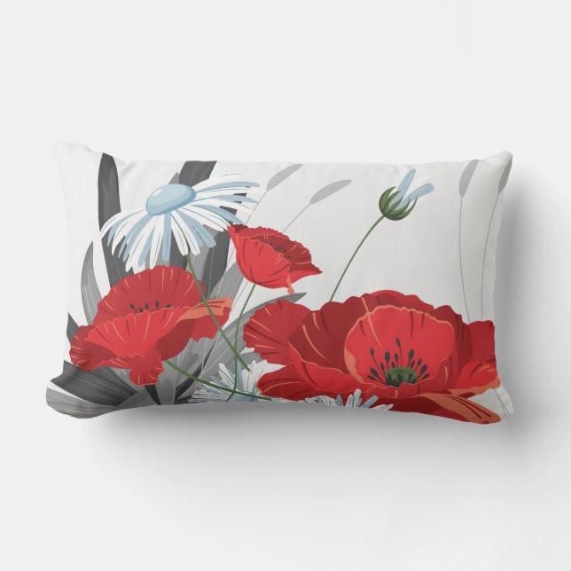 Red and White Flowers Daisies and Poppies Lumbar Cushion (Front)