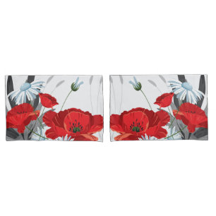 Red and White Flowers Daisies and Poppies Pillowcase