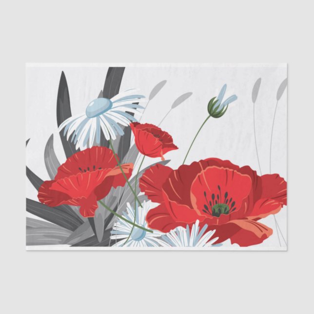 Red and White Flowers Daisies and Poppies Tissue Paper (Front)