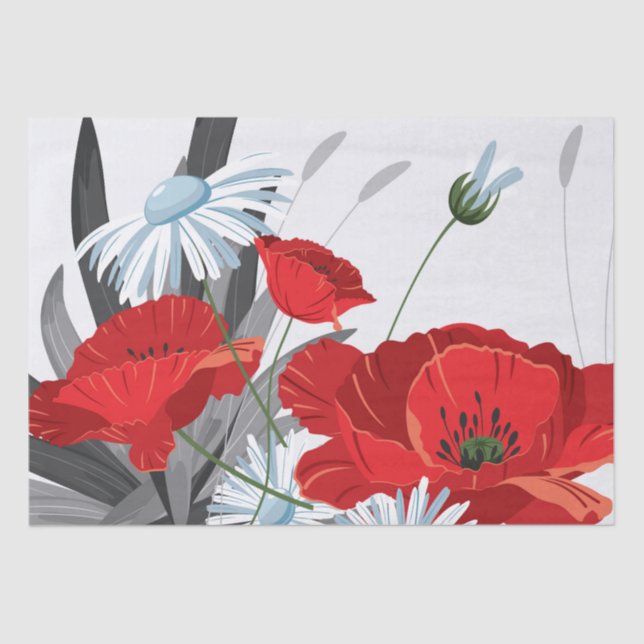 Red and White Flowers Daisies and Poppies Tissue Paper (Front)