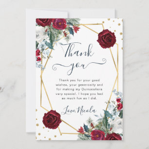 Red and White  Flowers Frame Quinceanera  Thank You Card