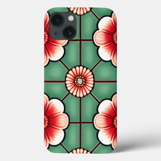 Red and White Flowers on Green Tiles Case-Mate iPhone Case (Back)