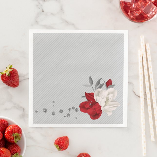red and white flowers on grey background wedding napkin (Insitu)