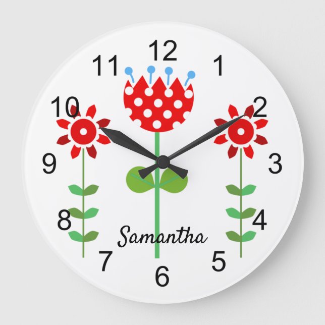Red and White Folk Flowers Large Clock (Front)