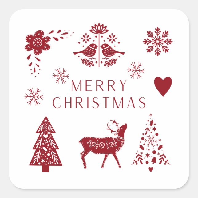 Red and White Folk Wrapping Paper Square Sticker (Front)