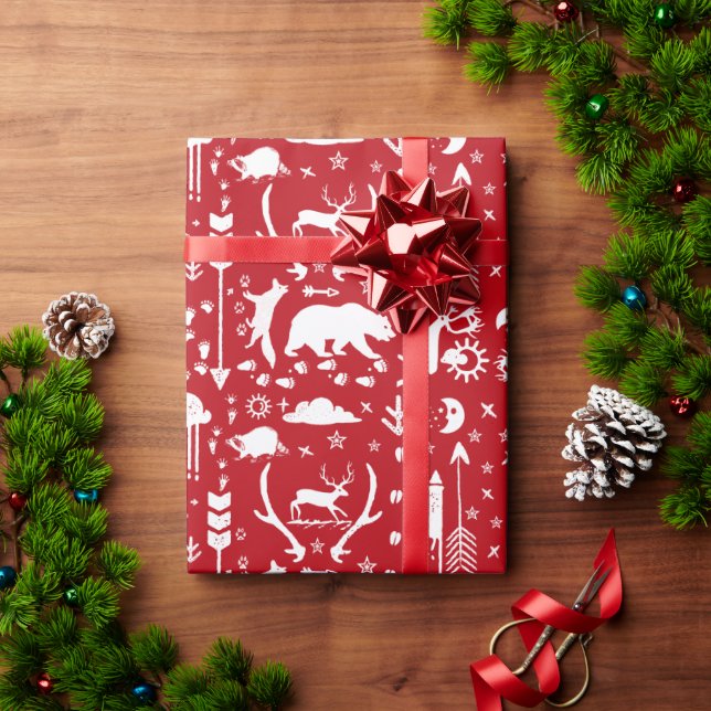 Red and White Forest Animal Tracks Arrows Wrapping Paper (Holiday Gift)