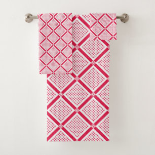 Red and white geometric checkered pattern retro bath towel set