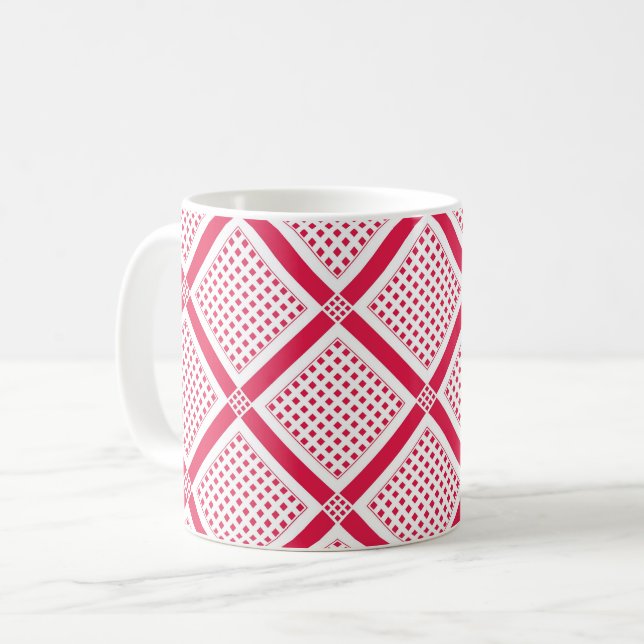 Red and white geometric chequered pattern retro    coffee mug (Front Left)