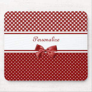 Red and White Gingham and Polka Dots With Name Mouse Mat