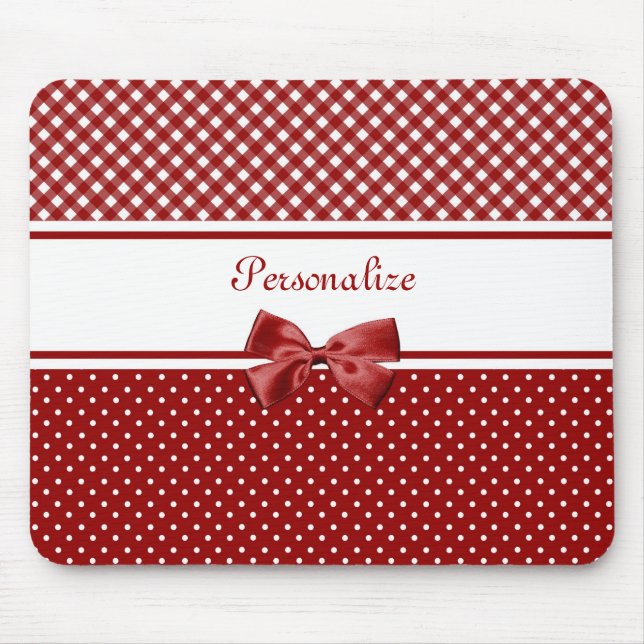 Red and White Gingham and Polka Dots With Name Mouse Mat (Front)