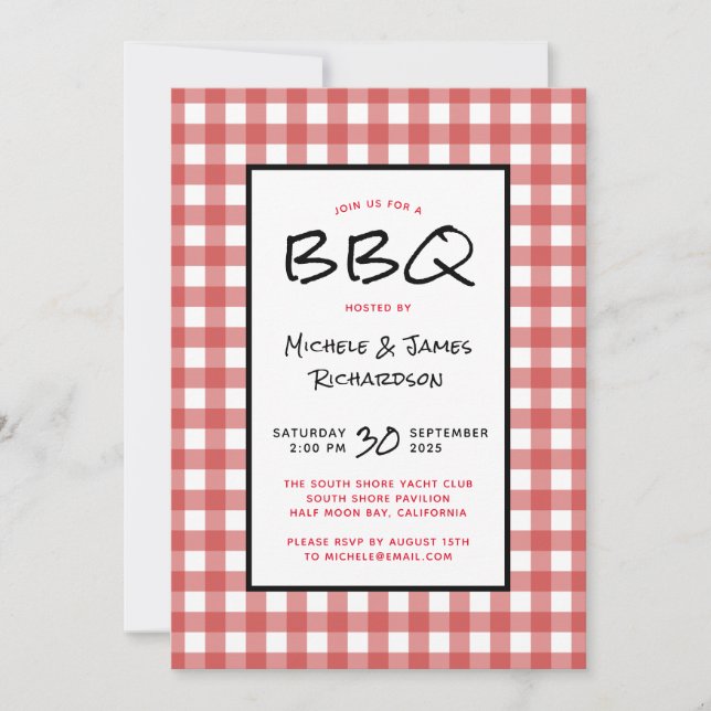 Red and White Gingham BBQ Picnic Party Invitation (Front)