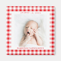 Red and White Gingham Check Baby Birthdate Magnet