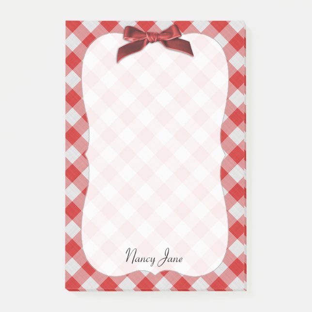 Red and White Gingham Check Pattern Personalised Post-it Notes (Front)