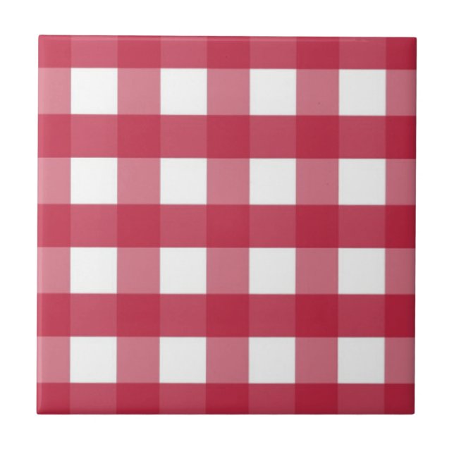 Red and White Gingham Editable Label Ceramic Tile (Front)