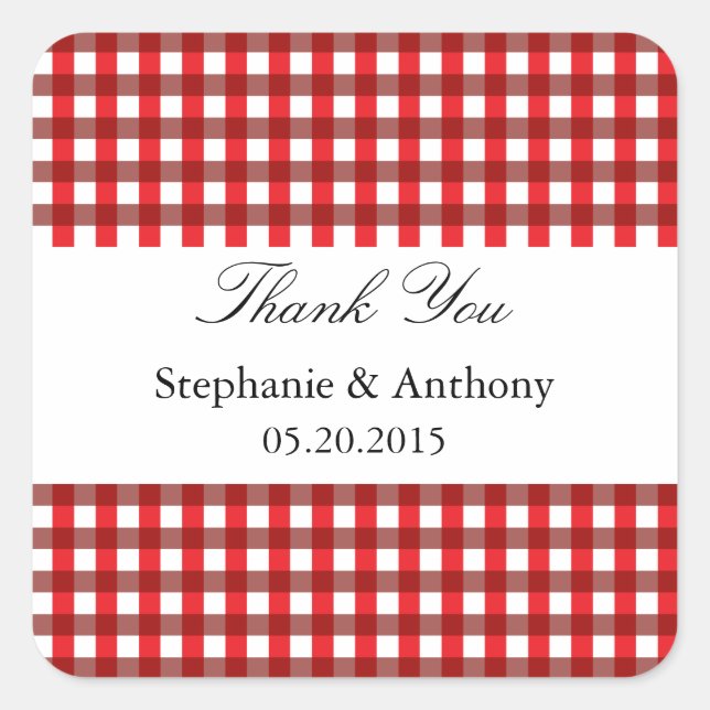 Red and White Gingham Pattern Barbeque Thank You Square Sticker (Front)