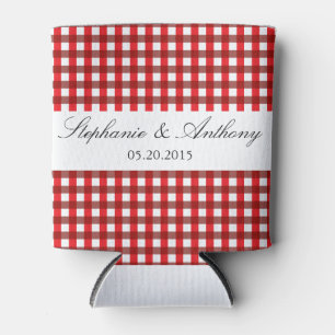 Red and White Gingham Pattern Barbeque Wedding Can Cooler