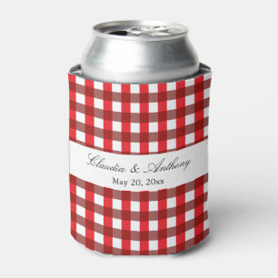 Red and White Gingham Pattern Barbeque Wedding Can Cooler