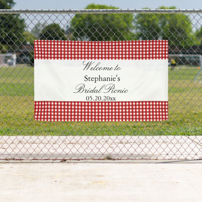 Red and White Gingham Pattern Bridal Picnic Banner (Insitu)