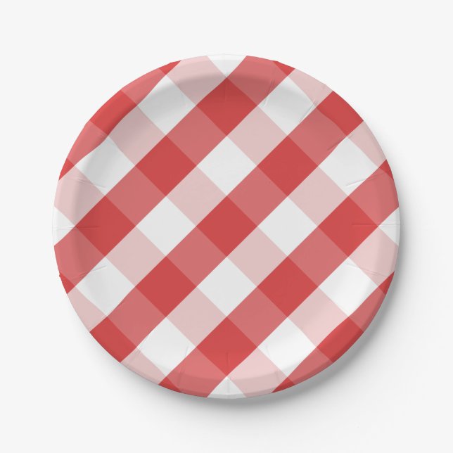 Red and white gingham pattern paper plate (Front)