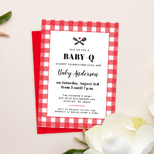 Red and White Gingham Plaid BBQ Baby Shower Invitation