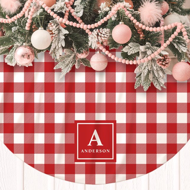 Red And White Gingham Plaid Monogram Brushed Polyester Tree Skirt (Creator Uploaded)