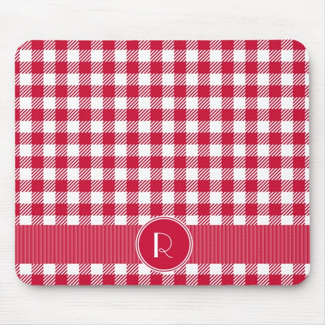 Red And White Gingham Plaid Pattern Personalised Mouse Mat (Front)