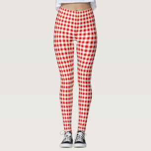 Red and White Gingham Plaid Print Leggings