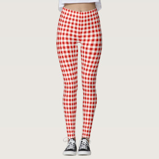 Red and White Gingham Plaid Print Leggings