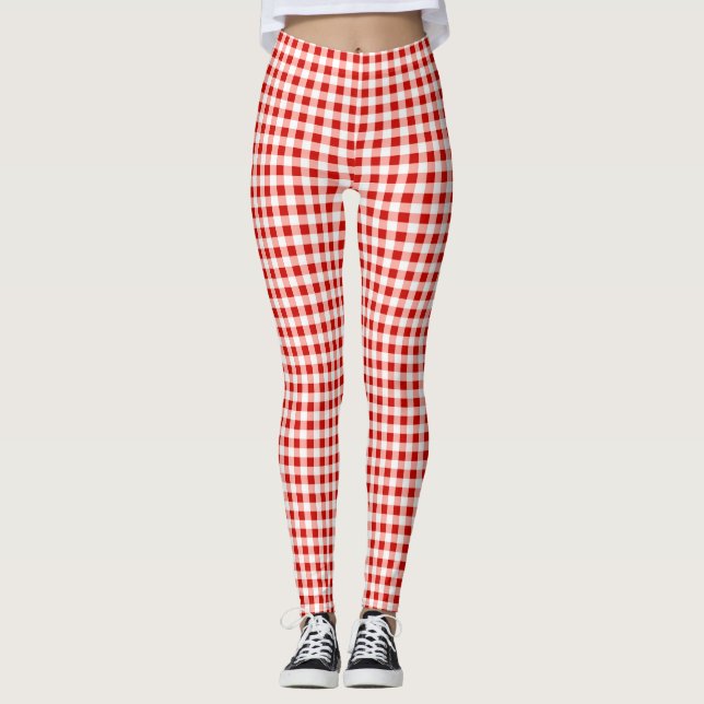 Red and White Gingham Plaid Print Leggings (Front)