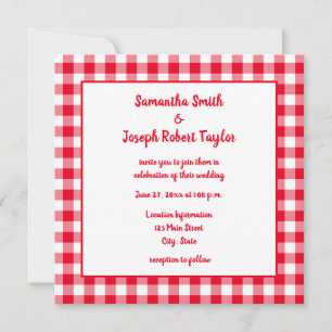 Red and White Gingham Plaid Wedding Invitation
