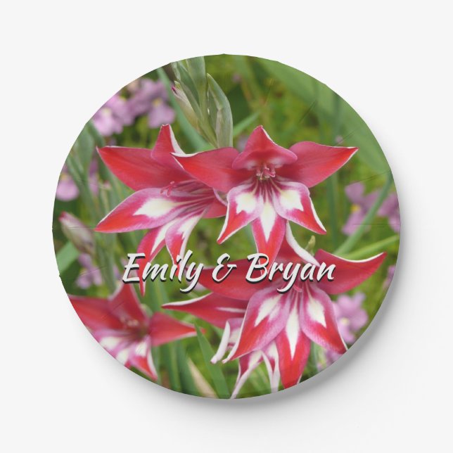 Red and White Gladiolas Summer Botanical Paper Plate (Front)