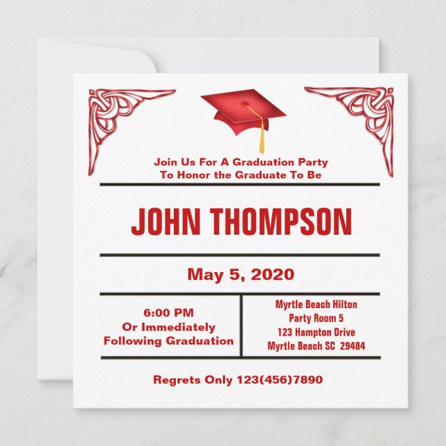 Red and White Graduation Party Invitation (Front)