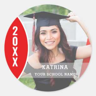 Red and White Graduation Photo Custom Classic Round Sticker