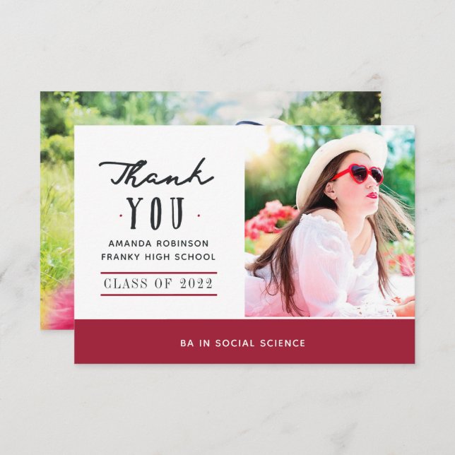 Red and White Graduation Photo Thank You Card (Front/Back)
