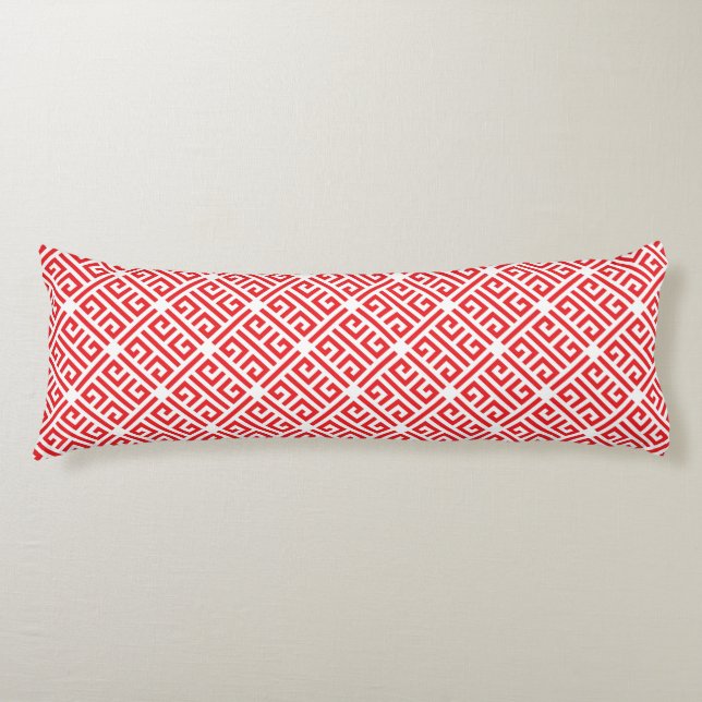 Red and white Greek Key Geometric Pattern Body Cushion (Front)
