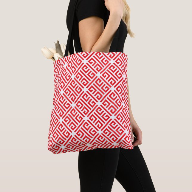 Red and white Greek Key Geometric Tote Bag (Close Up)