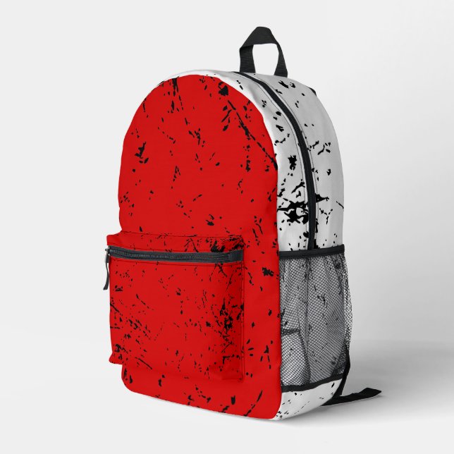 Red and White Grunge-style Printed Backpack (Back Corner Right)