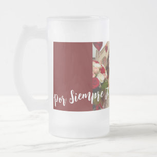 Red and white Happy Anniversary Photo Spanish Frosted Glass Beer Mug