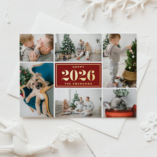 Red and White Happy New Year 2025 Photo Collage Foil Holiday Card (Send 2026 new year cheer with this customizable gold foil photo collage Happy New Year Card. )
