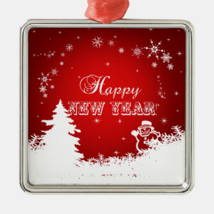 Red and White Happy New Year Typography Metal Tree Decoration