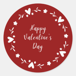 Red and white Heart Border Happy Valentines Day Classic Round Sticker