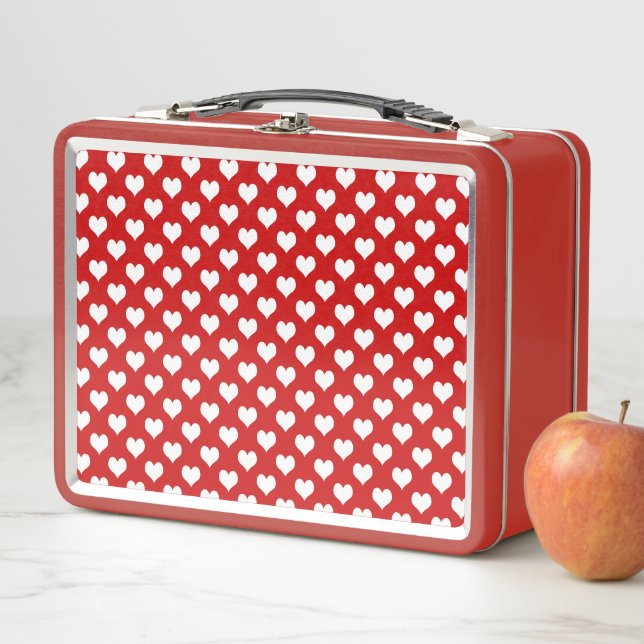 Red and White Heart Pattern Fabric  Metal Lunch Box (In Situ)