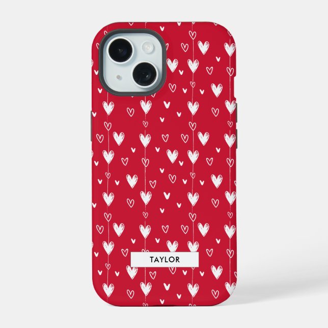 Red and White Heart Pattern Monogram Name iPhone 15 Case (Back)